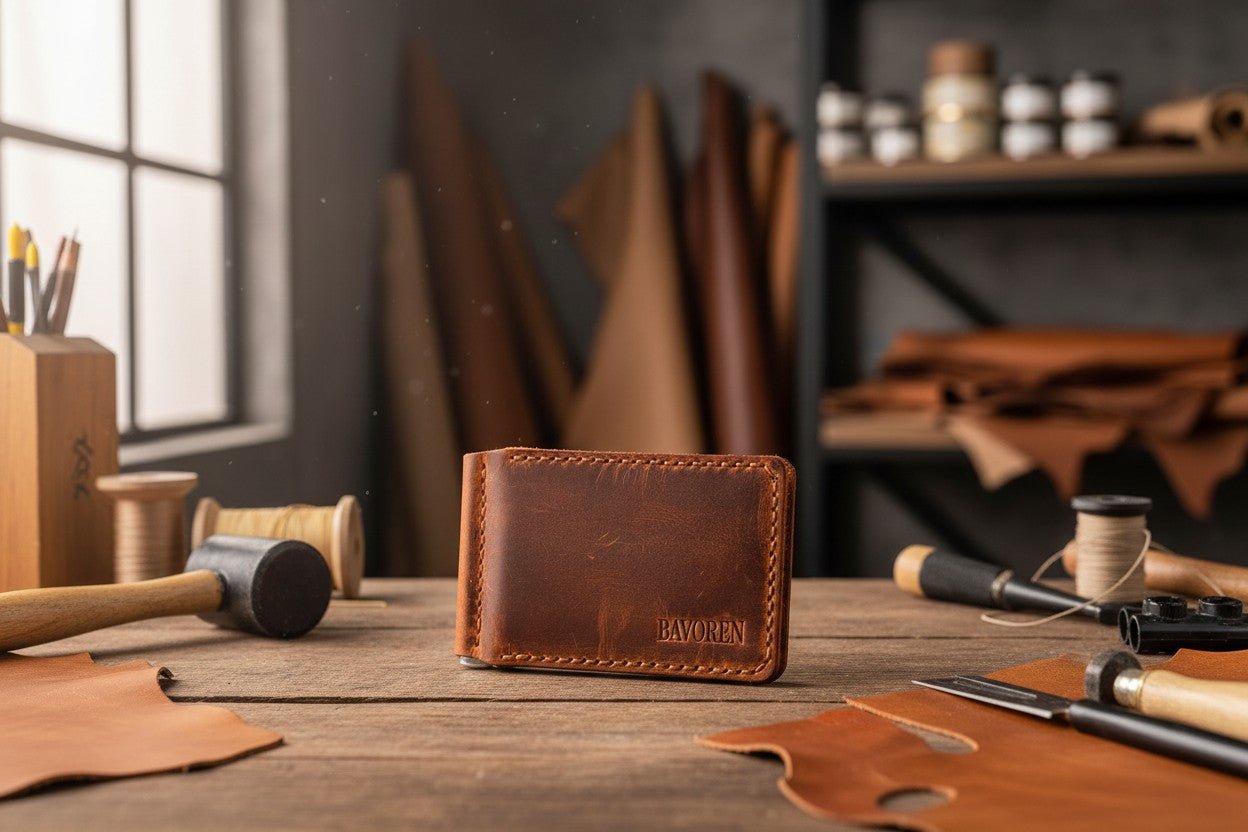 Bavoren Handmade Top Grain Leather Money Clip Wallet - Minimalist Slim Card Holder