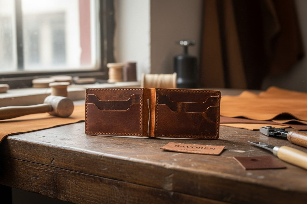 Bavoren Handmade Top Grain Leather Money Clip Wallet - Minimalist Slim Card Holder