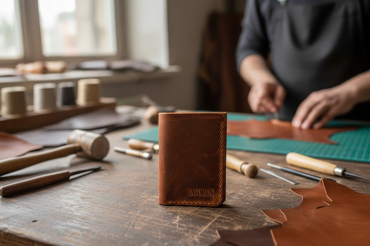 Bavoren Handmade Top Grain Leather Trifold Wallet - Vertical Slim Wallet with ID Window