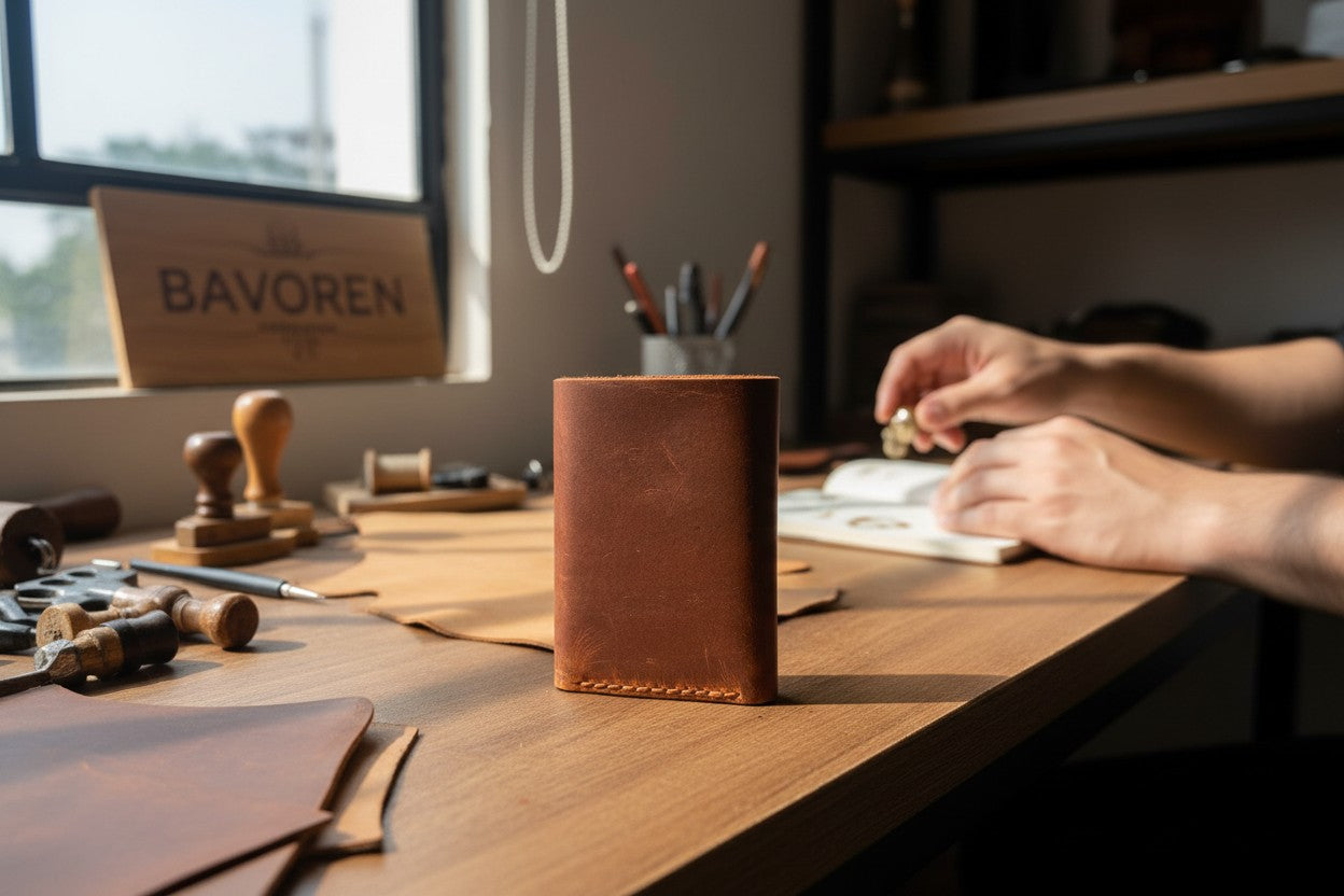 Bavoren Handmade Top Grain Leather Trifold Wallet - Vertical Slim Wallet with ID Window
