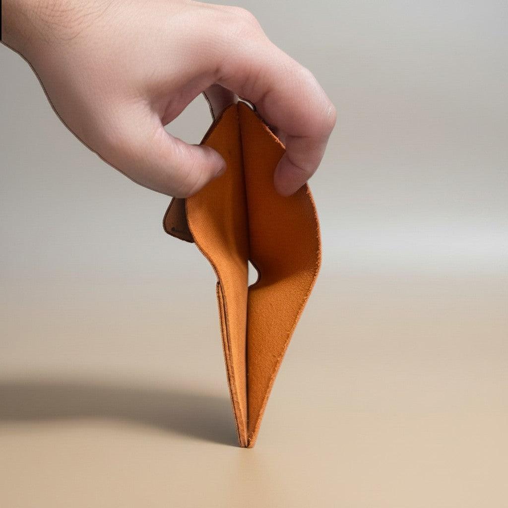 BAVOREN el yapımı taba rengi deri minimalist cüzdan, çapraz dikişli kenarlı, zamansız ve dayanıklı.